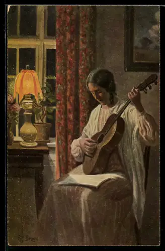 Künstler-AK Alfred Broge: Frau mit Gitarre spielt alte Melodien