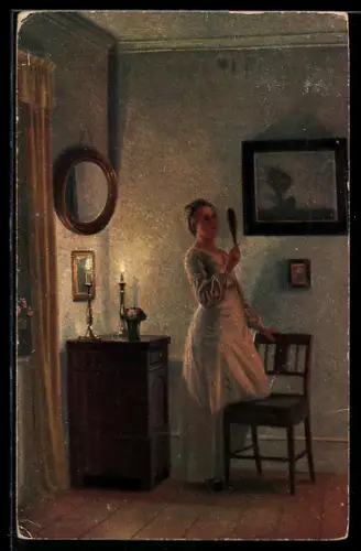 Künstler-AK sign. Alfred Broge: Selbstbetrachtung, Frau mit Spiegel