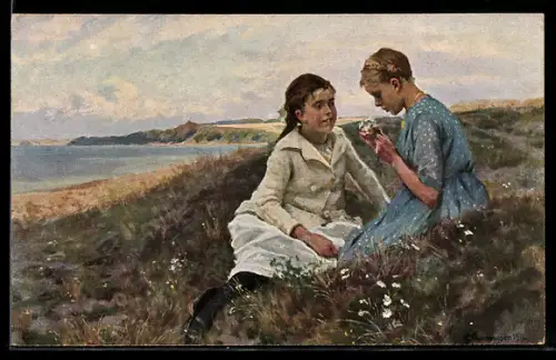 Künstler-AK sign. Erik Henningsen: Margueriten, Zwei Kinder mit Blumen