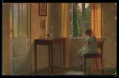 Künstler-AK sign. Alfred Broge: Erster Versuch, Mädchen bei der Handarbeit