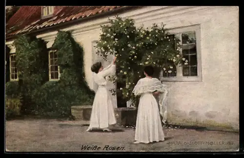 Künstler-AK sign. H. Slott-Moller: Weisse Rosen, Dänische Kunst