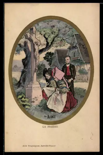 AK La Prière en Alsace, elsass-lothringische Tracht