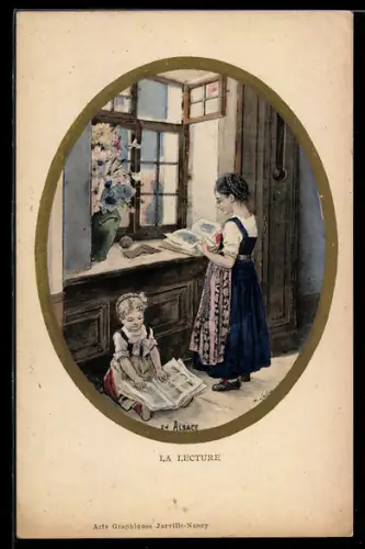 AK La Lecture en Alsace, elsass-lothringische Tracht