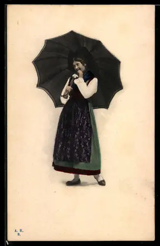 AK Frau in Tracht und mit Schirm