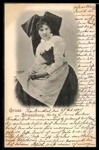 AK Strassburg, Junge Frau in elsass-lothringischer Tracht