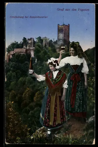 AK Ulrichsburg bei Rappoltsweiler, Zwei Damen in elsass-lothringischer Tracht