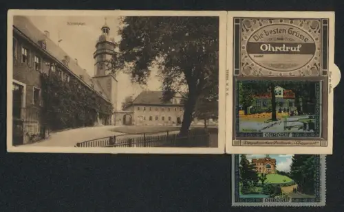 Reklamemarken-AK Ohrdruf, Partie am Schlossplatz, Totalansicht, Schererhütte und Wasserturm auf vier Reklamemarken