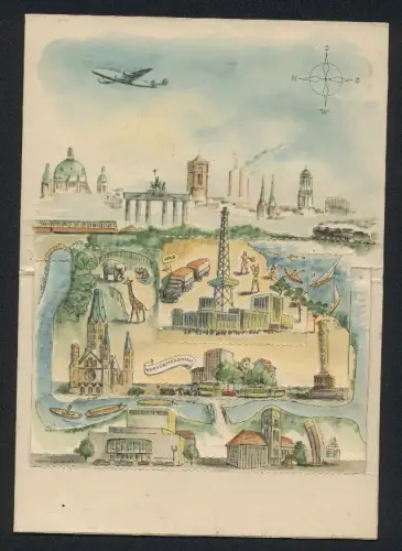 Mechanische-AK Berlin, Klappaufsteller beim Öffnen der Karte mit Kurfürstendamm, Brandenburger Tor, Spreebrücke