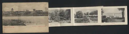 Leporello-AK Plau am See, Silbermühle, Waldheim, Restaurant Klüschenberg, Seelust, Partie am See, Ortsansicht am See
