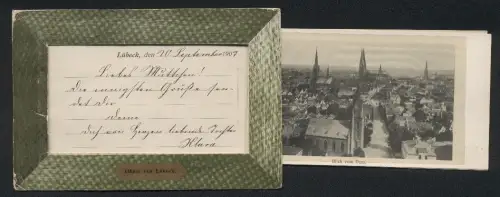 Leporello-AK Lübeck, Marienkirche, Rathaustreppe, Blick vom Dom, Markt mit Brunnen, Schifferhaus