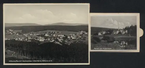 Leporello-AK Hahnenklee i. Oberharz, Partie am Kranichsee, Kurort Bockswiese, Badeanstalt Kuttelbacher See, Kirche
