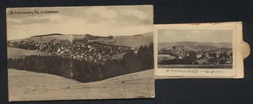 Leporello-AK St. Andreasberg /O.H., Ortsansicht vom Glockenberg aus, Gottesteich im Kurpark, Blick in das Odertal