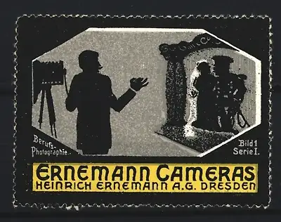 Reklamemarke Dresden, Ernemann Cameras, Heinrich Ernemann AG, Fotograf mit Stativkamera