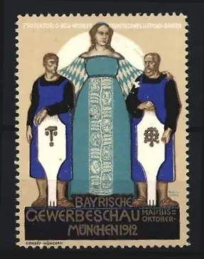 Reklamemarke München, Bayrische Gewerbeschau 1912, Frau mit zwei Männern