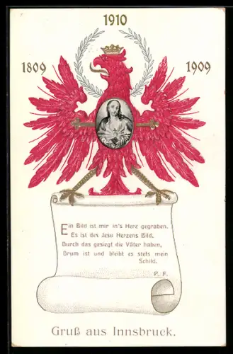 AK Absam, Adler mit Krone, Marienbild, Gedicht
