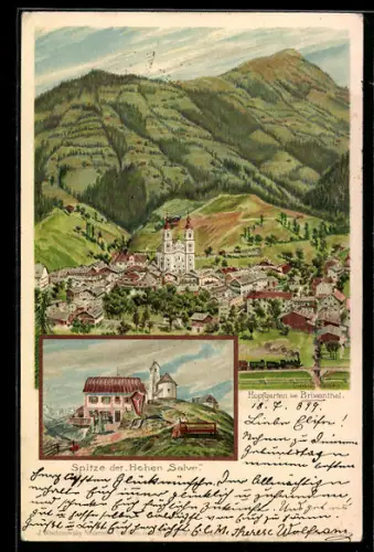 Lithographie Hopfgarten i. B., Spitze der Hohen Salve, Ortsansicht aus der Vogelschau