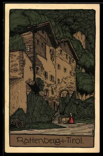 Steindruck-AK Rattenberg, Gebäude an einer Felswand