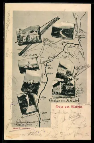 AK Wattens, Gasthaus zum Neuwirt, Wasserfall Wattens, Friedberg, Aschach