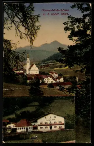AK Oberau-Wildschönau, Ortstotale mit der Kirche, Dorfer Wirt