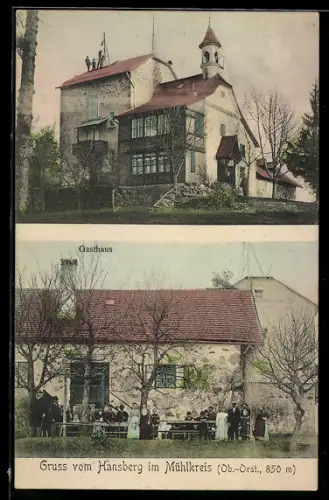 AK St. Johann am Wimberg, Hansberg im Mühlkreis, Gasthaus mit Belegschaft und Gästen