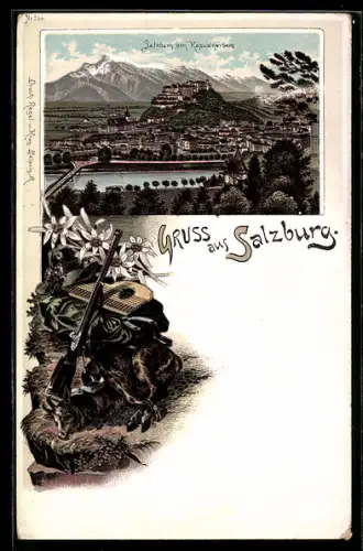 Lithographie Salzburg, Panoramablick vom Kapuzinerberg auf die Stadt