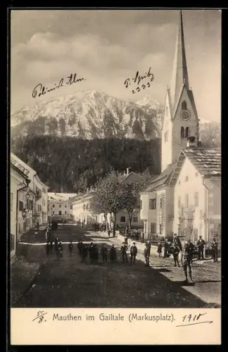 AK Mauthen, Markusplatz mit Kirche und Passanten