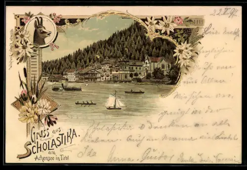 Lithographie Scholastika am Achensee, Seepanorama mit Schiffen und Ort