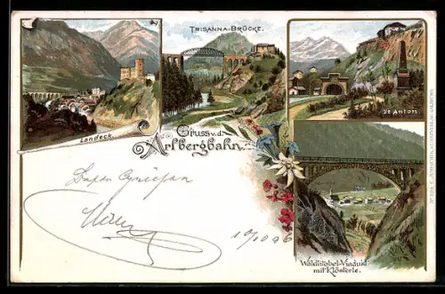 Lithographie Landeck, Trisanna-Brücke, St. Anton, Wäldlitobel-Viadukt mit Klösterle, Arlbergbahn