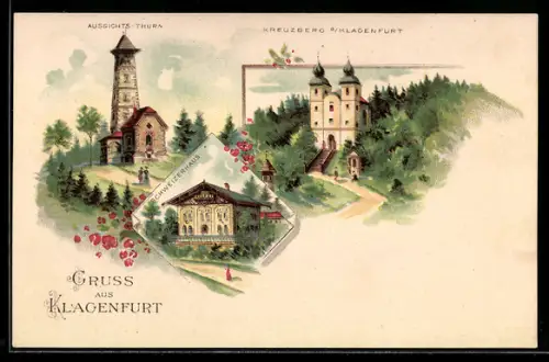 Lithographie Klagenfurt, Kreuzberg, Aussichtsturm, Schweizerhaus