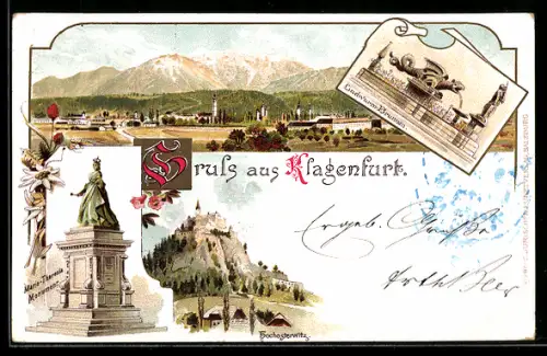 Lithographie Klagenfurt, Stadtpanorama, Denkmal Maria Theresia, Schloss Hochosterwitz