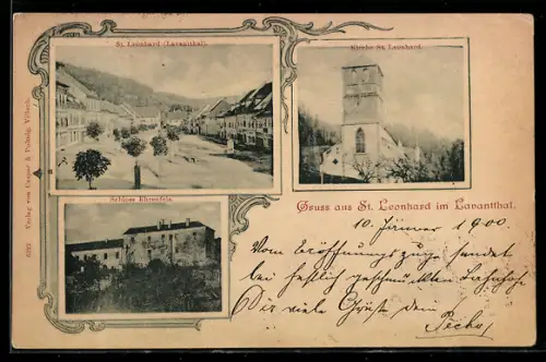 AK St. Leonhard im Lavanttal, Kirche St. Leonhard, Schloss Ehrenfels, Ortspartie mit Marlktplatz