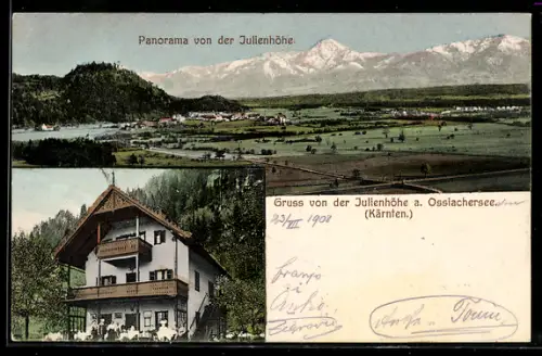 AK Treffen am Ossiacher See, Gasthaus Julienhöhe, Ortsansicht aus der Vogelschau