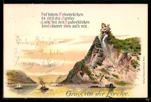 Lithographie Loreley, Felsen mit Loreley-Darstellung und Rheinpartie mit Schiffen