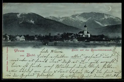 Mondschein-AK Bichl, Ortsansicht mit Kirche und Benediktenwand