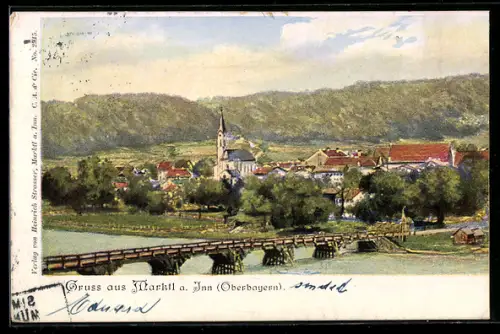 AK Marktl a. Inn, Ortsansicht mit Kirche und Brücke