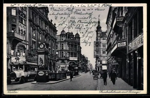 AK Berlin, Friedrichstrasse mit Passage, Autobus, Reklame