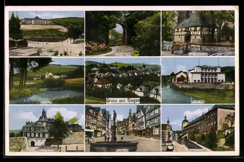 AK Siegen, Oberes Schloss, Schlossgarten, Jugendherberge, Flusspartie an der Sieg, Poststrasse, 