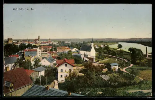 AK Mühldorf a. Inn, Stadtansicht mit Kirche und Inn