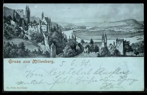 Mondschein-AK Miltenberg, Ortsansicht mit Burg und Kirche