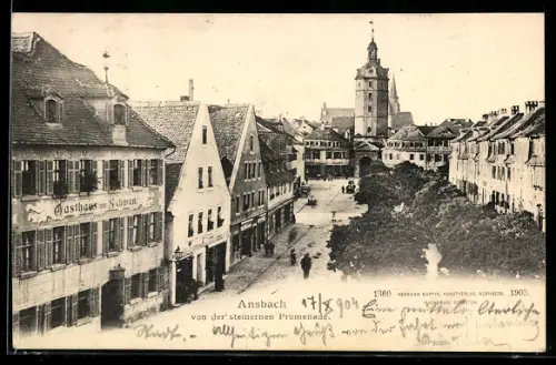 AK Ansbach, Gasthaus zum Schwan, Blick von der steinernen Promenade, Kirche
