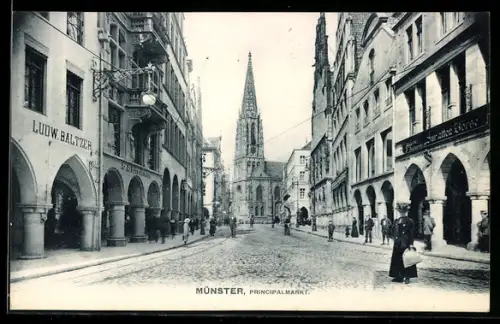 AK Münster, Prinzipalmarkt, Geschäft Ludw. Baltzer, Kirche