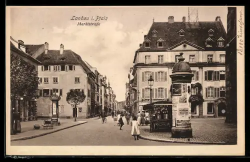 AK Landau i. Pfalz, Marktstrasse mit Litfasssäule