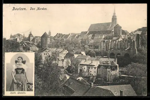 AK Bautzen, Ansicht von Norden, Kath. Wendin in Tracht