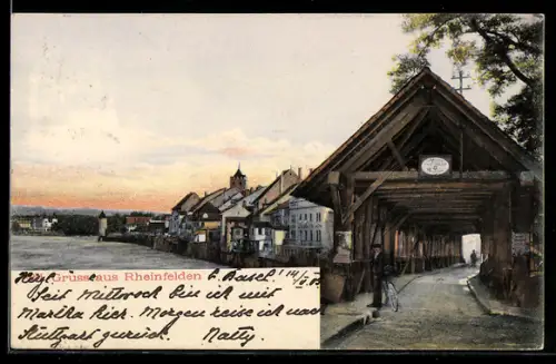 AK Rheinfelden, Holzbrücke über den Rhein und Ortsansicht