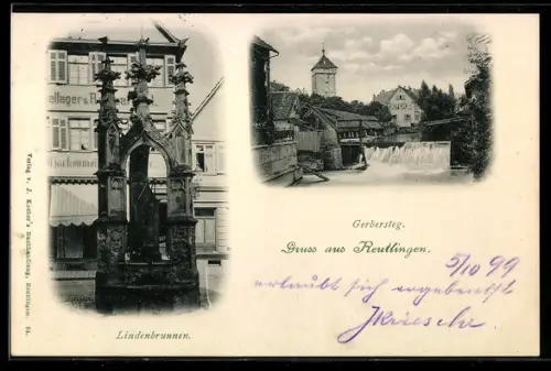 AK Reutlingen, Lindenbrunnen, Gerbersteg