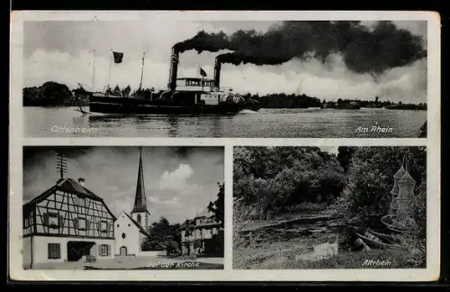 AK Ottenheim, Rhein mit Schleppdampfer, Partie bei der Kirche, Altrhein