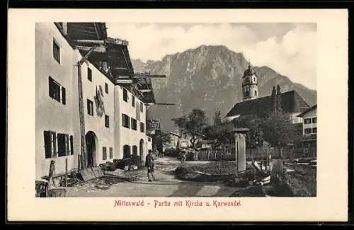 AK Mittenwald, Partie mit Kirche und Karwendelgebirge