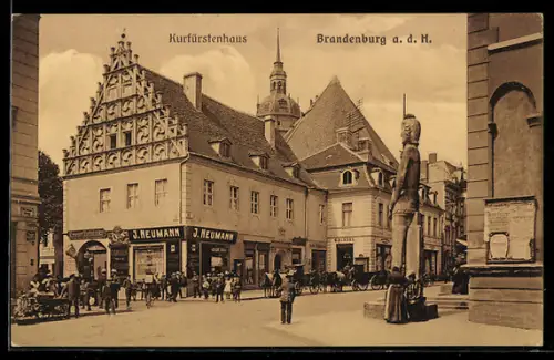 AK Brandenburg a. d. H., Kurfürstenhaus, Zigarrengeschäft J. Neumann, Rolandstatue
