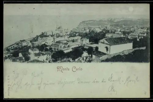 Mondschein-AK Monte Carlo, Blick auf Stadt und Küste
