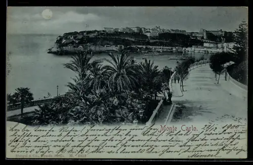 Mondschein-AK Monte Carlo, Promenade und Hafenbucht mit Palmen
